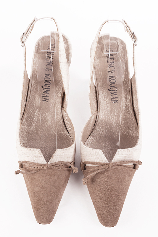 Biscuit beige and off white women's open back shoes, with a knot. Tapered toe. Medium spool heels. Top view - Florence KOOIJMAN